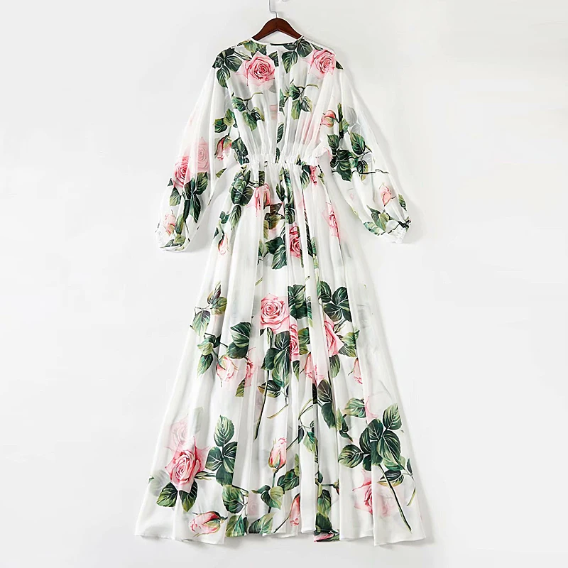 Long Dress Runway High Quality Spring Autumn New Women Bohemian Beach Fashion Party Vintage Elegant Chic Print Chiffon Dresses