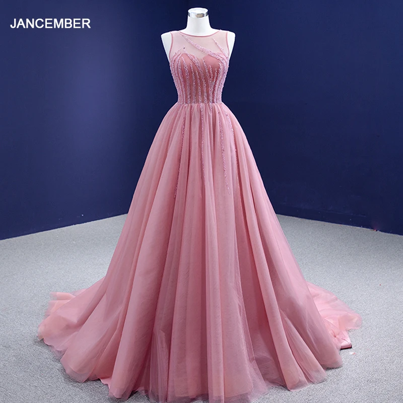 

J67237 JANCEMBER Pink Elegant Evening Dress Frill Transparent Lace Striped Backless Slimming Metal Sequins Party Prom Gown