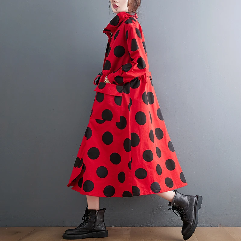 2026 Autumn Winter Oversized Polka Dot Long Trench Coat For Women Clothes Stand Collar Drawstring Fashion Casual Loose Outerwear