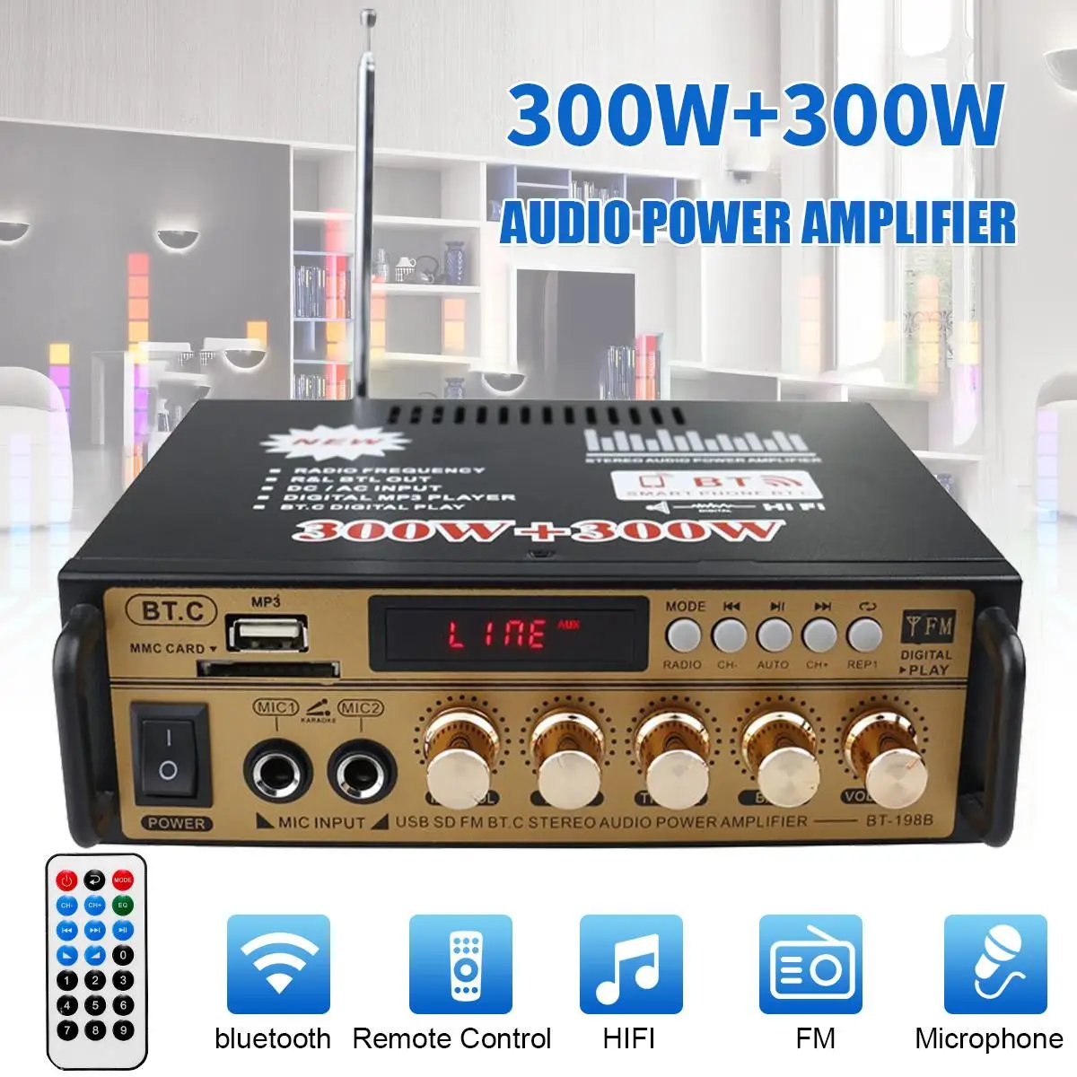 

800W 220V HIFI Bluetooth Amplifier Digital Subwoofer AUX input USB SD Home Theater Amplifiers Audio Processor Power Amplifier