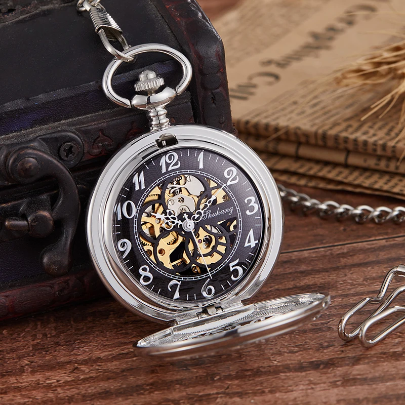 2020 mechanische Tasche Fob Uhr Pendent Kette Hige Ferse Transparent Hohl Metall Vintage Tasche Uhr Männer Relogio De Bolso