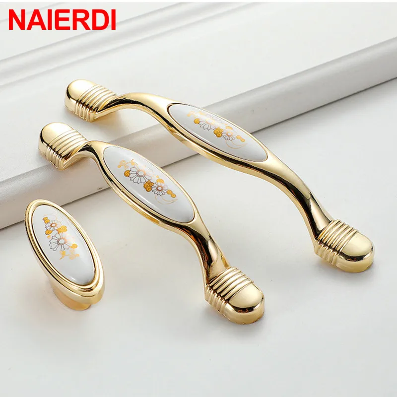 

NAIERDI 10PCS Chinese Creamic Gold White Cabinet Handles Zinc Alloy Drawer Pulls Kitchen Door Knobs Furniture Handle Hardware