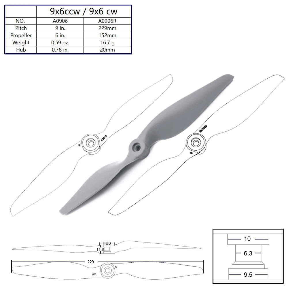 9inch 9x6 Nylon fiberglass Direct-drive CW CCW Propeller for Electric RC Airplane Quadcopter Multi-Rotor Racing Drone