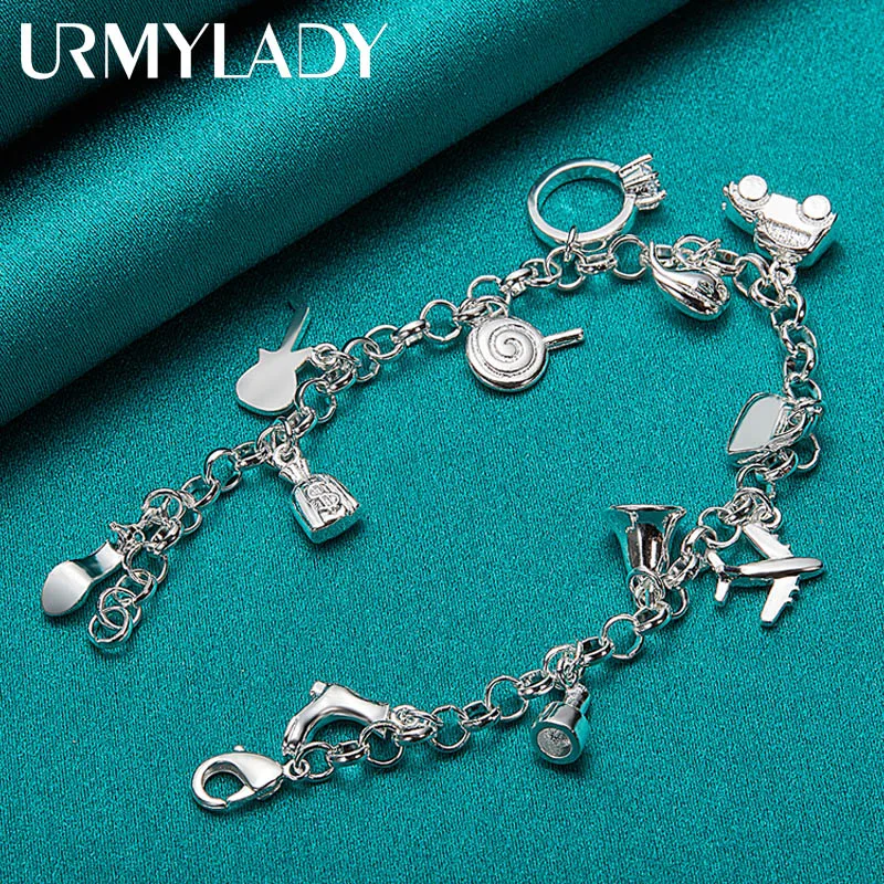 URMYLADY 925 Sterling Silver Airplane Bell Car Fish Guitar Shoe Lock Ring Lollipop Chain Bracelet For Women Fashion Jewelry