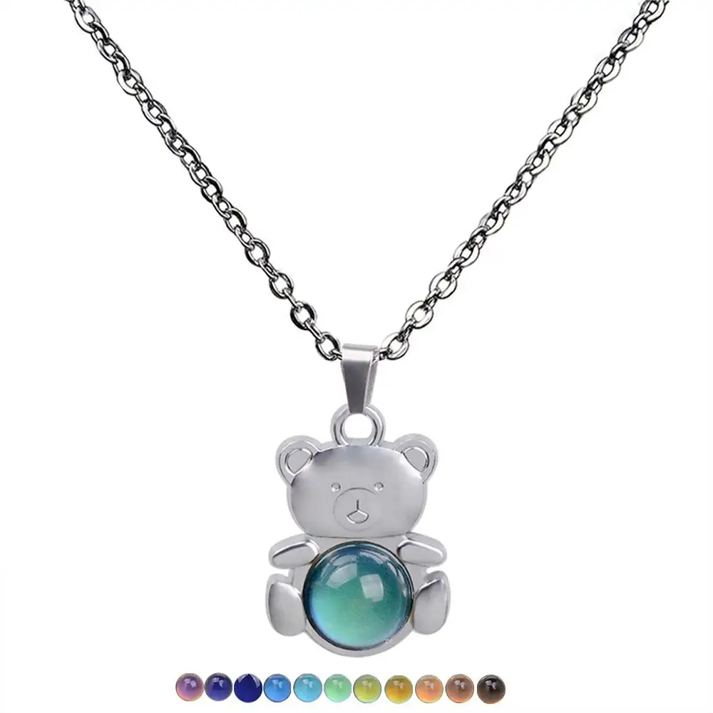 JUCHAO Mood Necklaces Women Men Bear Pendant Necklace with Temperature Changing Color Stainless Steel Chain Necklace