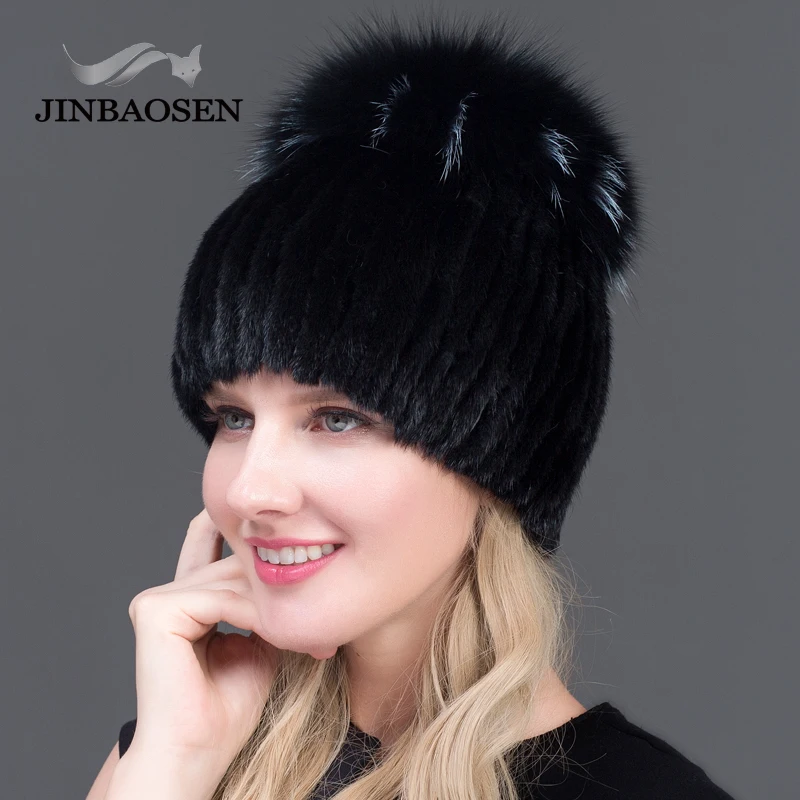 JINBAOSEN-Bonnets en tricot pour femmes, chapeaux de vison avec fourrure de renard, haut tissé vertical, mode d\'hiver chaude, offre spéciale