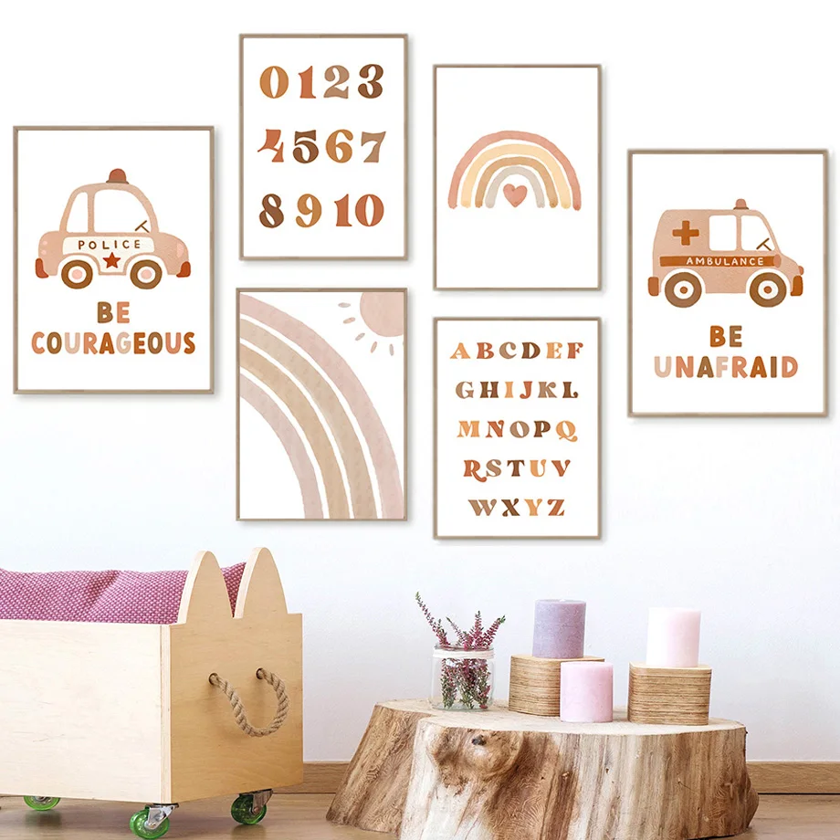 Wall Art Canvas Painting police Ambulance Car Rainbow ABC Number Nursery Nordic Posters And Prints Pictures Kids Room Home Decor