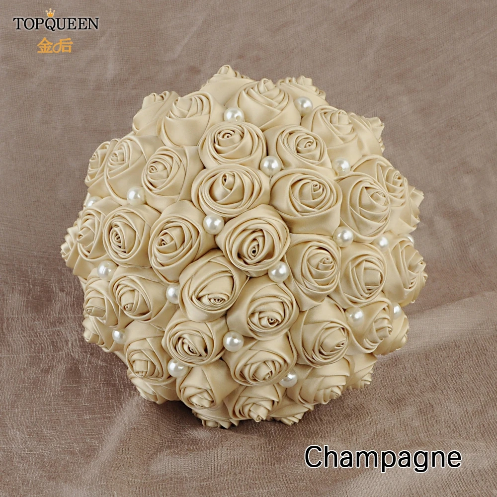 TOPQUEEN F3-CP Bridal Bouquets Artificial Flower Champagne Wedding Bouquet Stunning Handmade Satin Rose Flowers for Bridesmaid