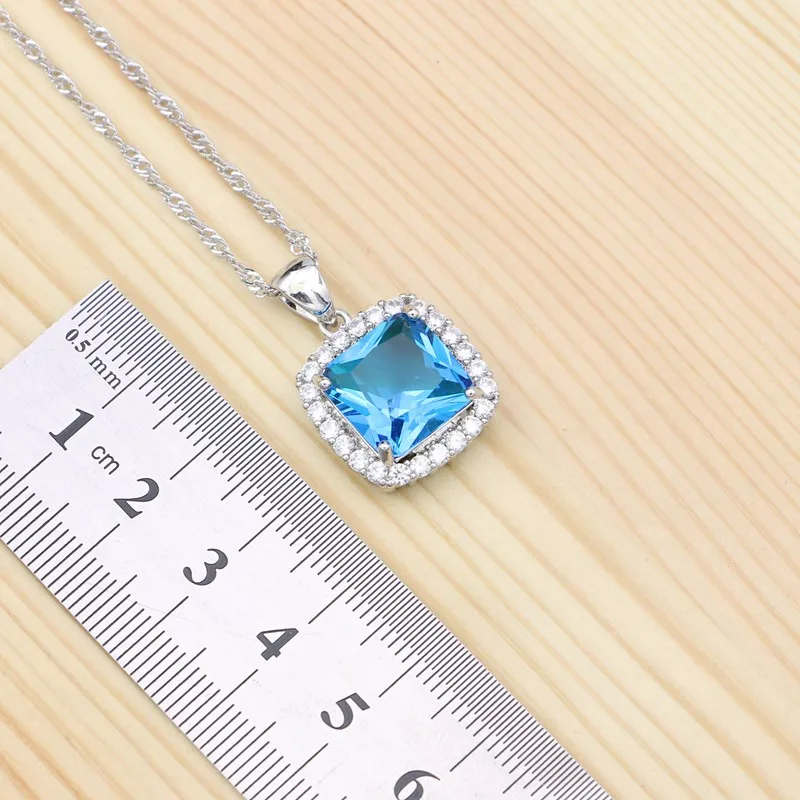 Silver 925 Jewelry Kits For Women Engagement Gift White Crystal Sky Blue Cubic Zirconia Earrings/Pendant/Necklace/Ring Set