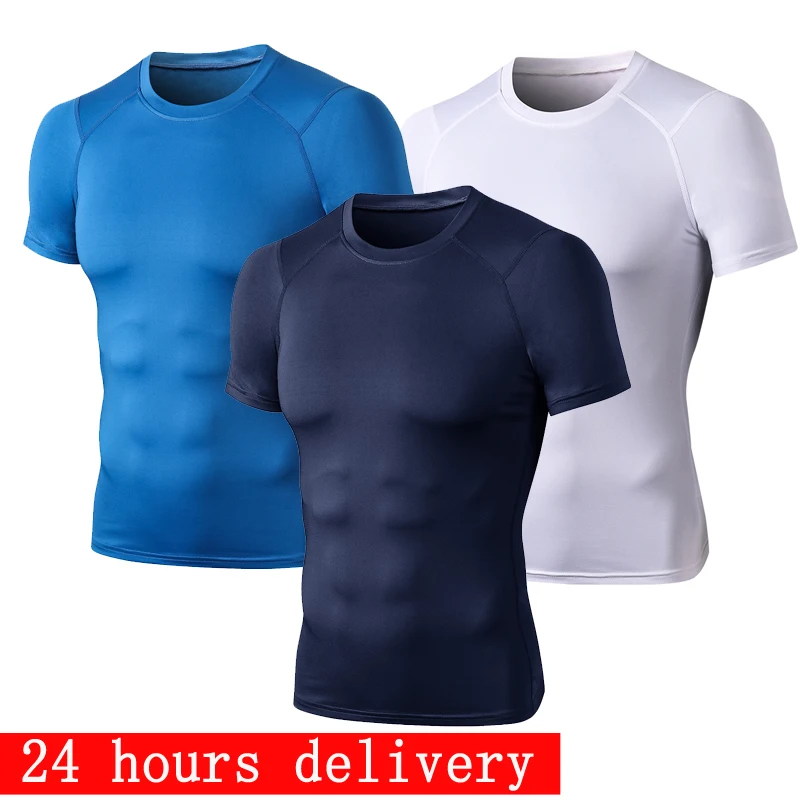 New Men's Fitness Short Sleeve T-Shirt Tight Running Training Sportswear High Elastic Sweat Dissipation Speed Dry Surf Swimsuit