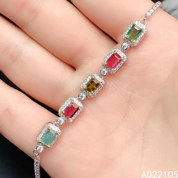 KJJEAXCMY fine jewelry 925 sterling silver inlaid Natural tourmaline women fashion simple square gem hand bracelet support detec