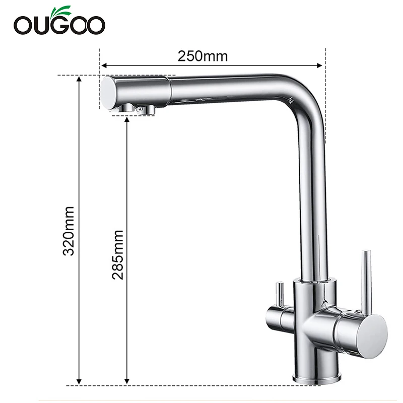 Imagem -06 - Ougoo Chrome Torneira da Cozinha de Água Pura Dupla Alça de Água Potável Quente e Fria 3-way Filtro Misturador da Cozinha Torneiras