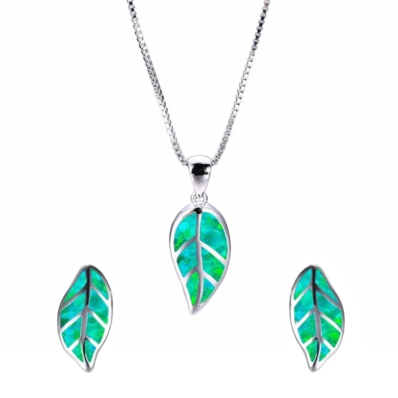 Fashion Leaves Design Jewelry Set Blue Imitation Fire Opal Pendant Necklace With Earrings For Women Accessories Party Loves Gift