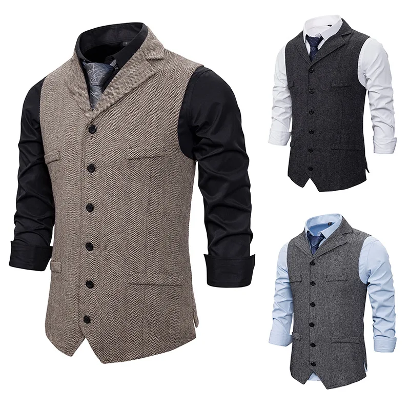 Autumn Business Vest Men\'s Clothing Male Lapel Casual Men Suit Vest With Pockets Vest Outerwear Chaleco Hombre