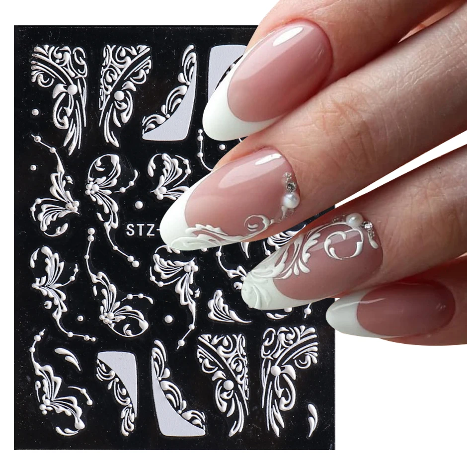 5D White Embossed Wedding Nail Design Charms Flower Lace Stickers Decals Floral Winter Nail Art Decoration Tools NTSTZ5D01-16