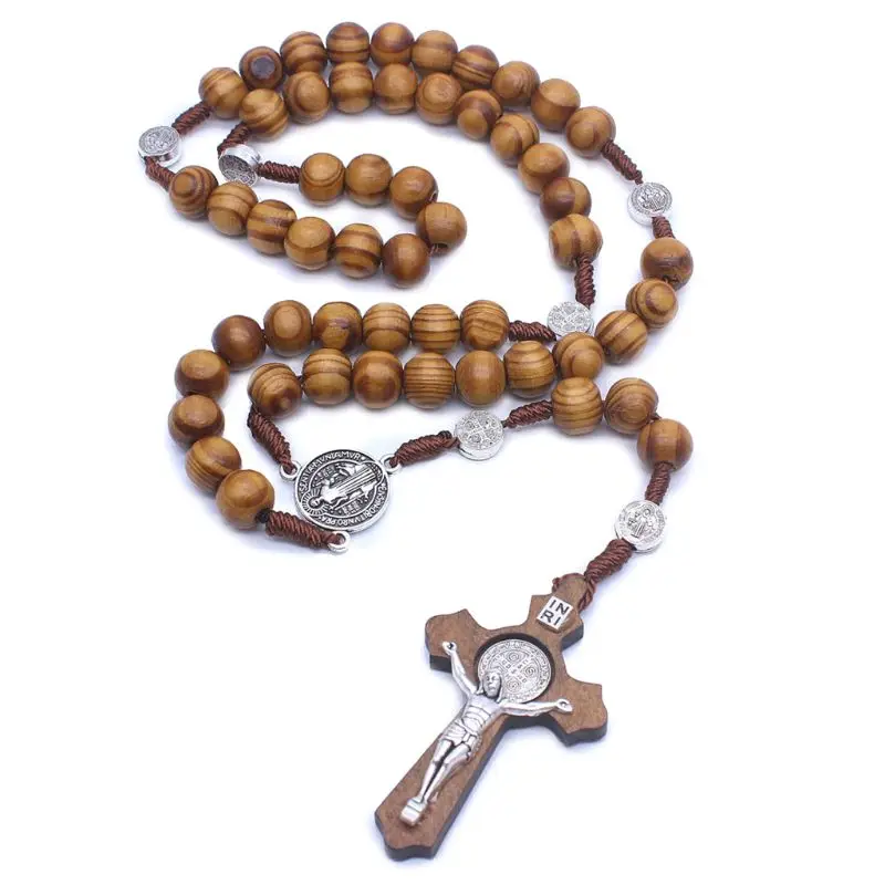 New Fashion Handmade Round Bead Catholic Rosary Cross Religious Wood Beads Men Necklace Charm Gift