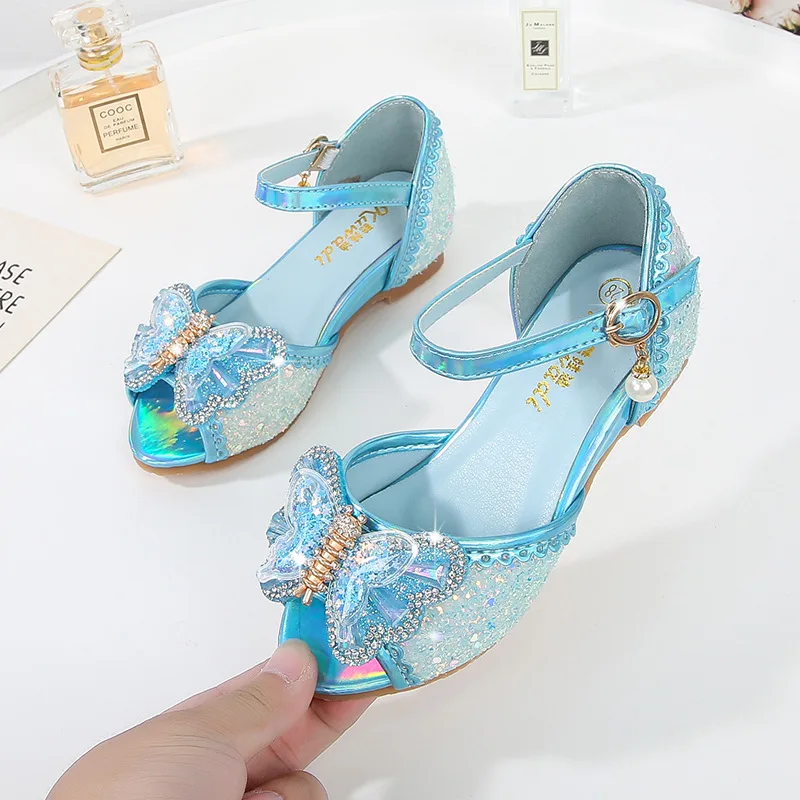 2023 new girl pearl crystal shoes high heel sequin dance fashion party bow rhinestone high quality princess sandals size 25-37