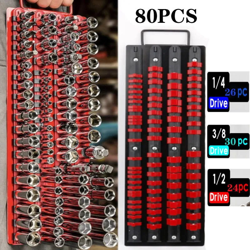 

80 Pcs Socket Organizer 1/4 Inch 3/8 Inch 1/2 Inch Drive Rail Holder Socket Storage Tools can move Rails Portable Socket Holders