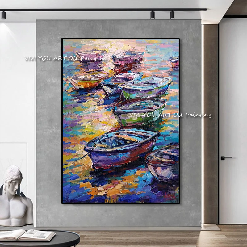 

Top Art handpainted Abstract Corful boats Oil Painting On Canvas Handmade Beautiful Abstract Landscape Oil Paintings