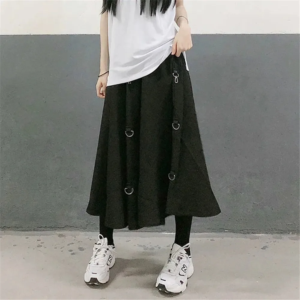 Loose Hip-Hop Punk Elastic High Waist Cargo Skirt Women Korean Ulzzang Casual Gothic Long Dark Skirt 2021 Streetwear Black Saia