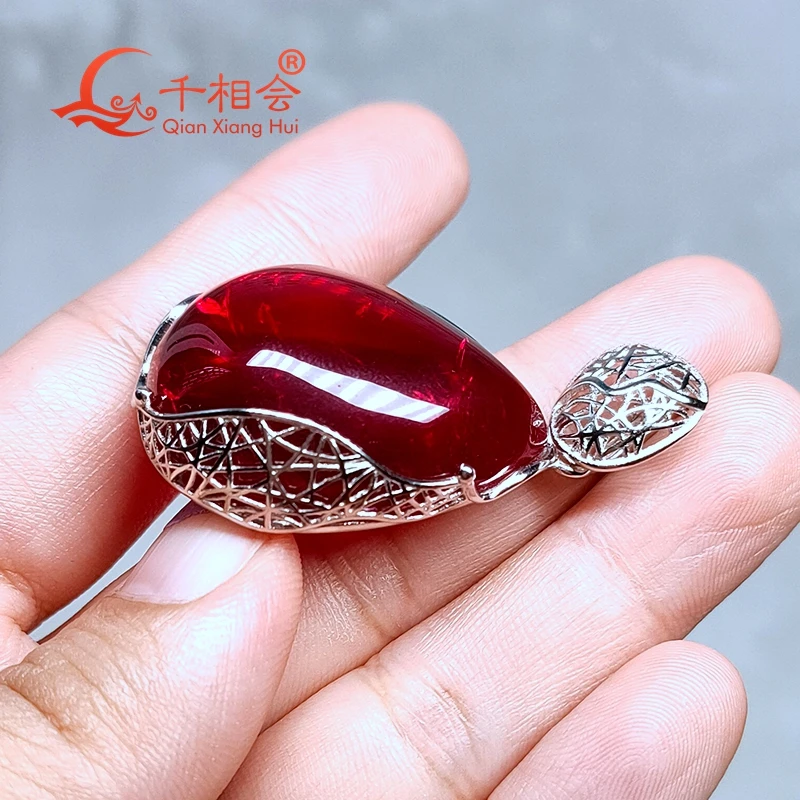 925 silver Fashion pear shape with inclusions corundum red Artificial ruby with 25*30mm  72ct Jewelry for Pendant Necklace