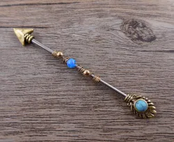 2021 Newest Opal Industrial Piercing 14G Stainless Steel 38mm Arrow Dangle Barbell Bar Helix Daith Conch Earring Body Jewelry