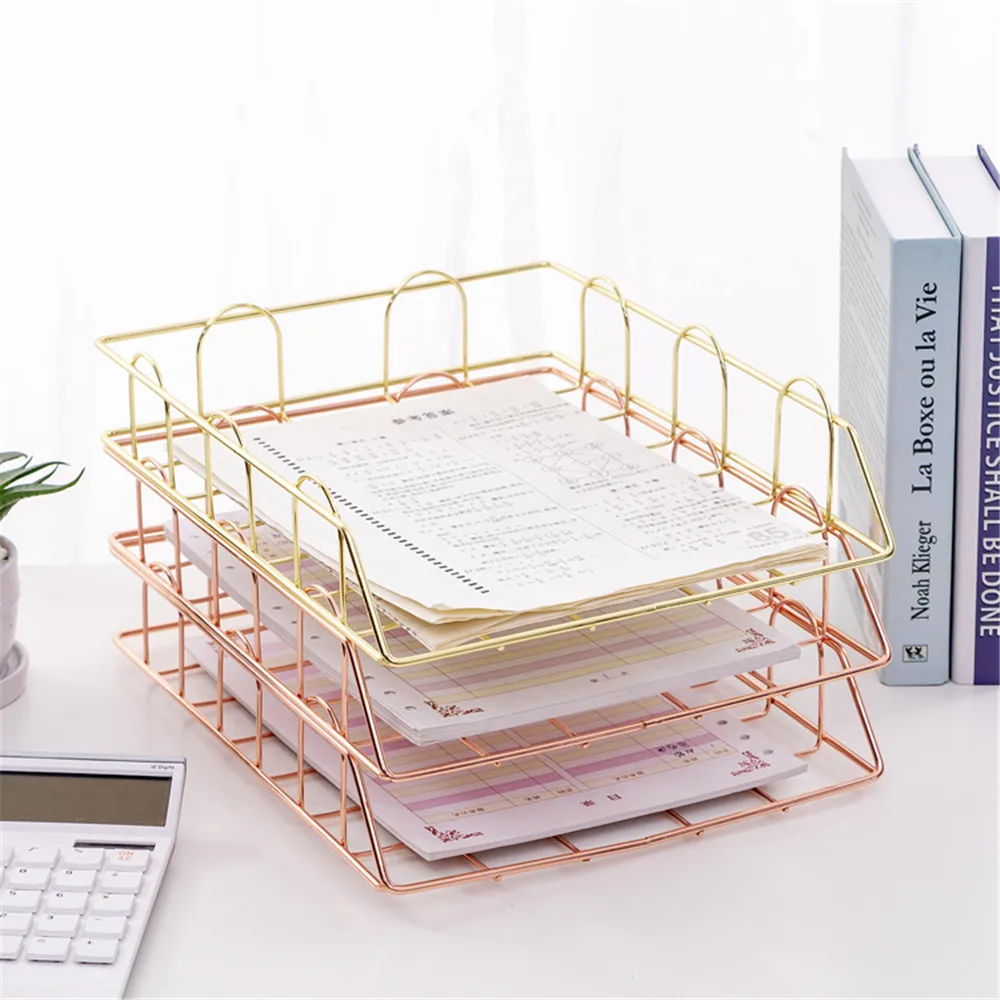 

Gold Stackable Iron Baskets Office Organizer Basket Rose Gold Metal Storage Basket for A4 Paper Magazine Newspaper Book