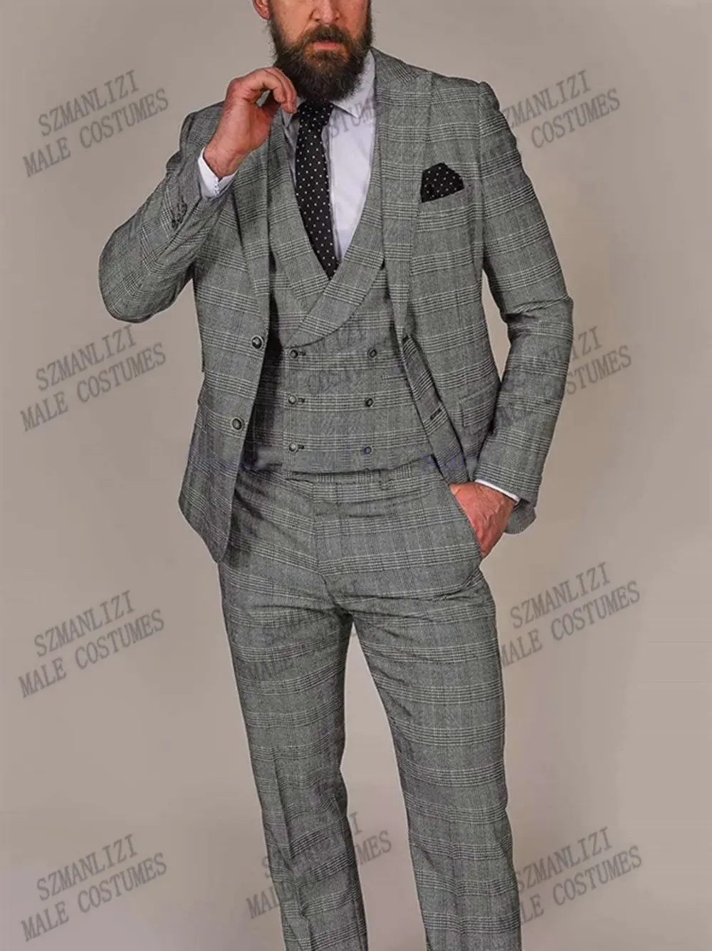 

Grey Plaid Suits for Men Custom Made Terno Slim Fit Groom Custom Made 3 Piece Wedding Mens Suit Masculino Jacket+Pant+Vest+Tie