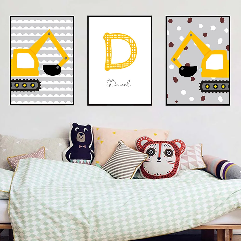Personal Boy's Name Custom Poster Nursery Print Cartoon Excavator Paintings Canvas Painting Wall Art Pictures For Boys Bedroom