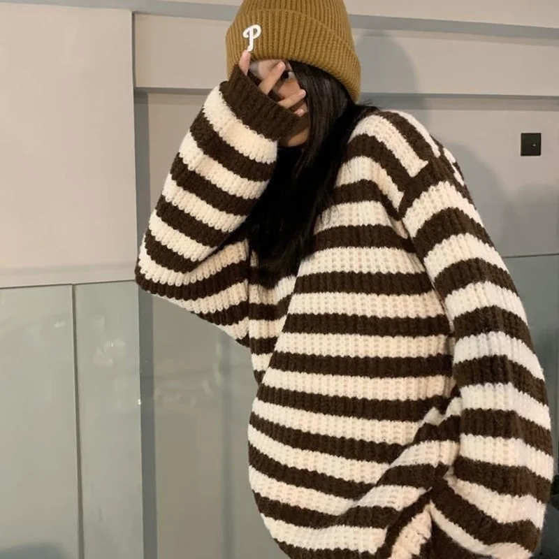 Striped Pullovers Women Ins O-neck Fashion Simple Chic Ulzzang Loose Clothes Classic Elegant Females Autumn Harajuku Streetwear