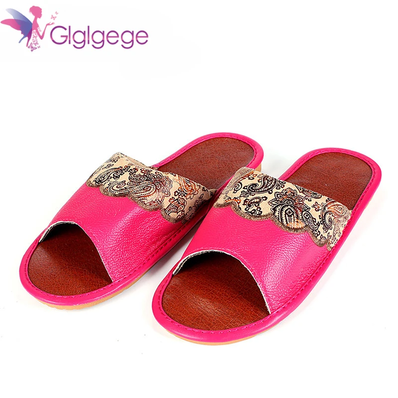 Glglgege Summer Couples Leather Slippers Women House Home Slippers Shoes Pantufas Mules Ladies Genuine Leather Shoes