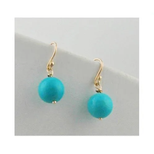 New Classic Favorite Pearl Store Stunning 8mm Round Blue Natural Turquoise Beads Solid Gold Hook Fine Earring Lady Gift