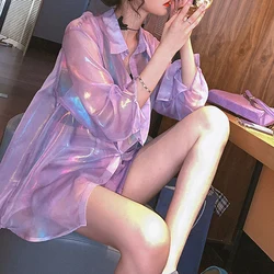 New come !Chiffon Laser Symphony Sunscreen Lantern Sleeve Jersey Jacket Iridescent Rainbow Hologram Shirt Transparent Loosen