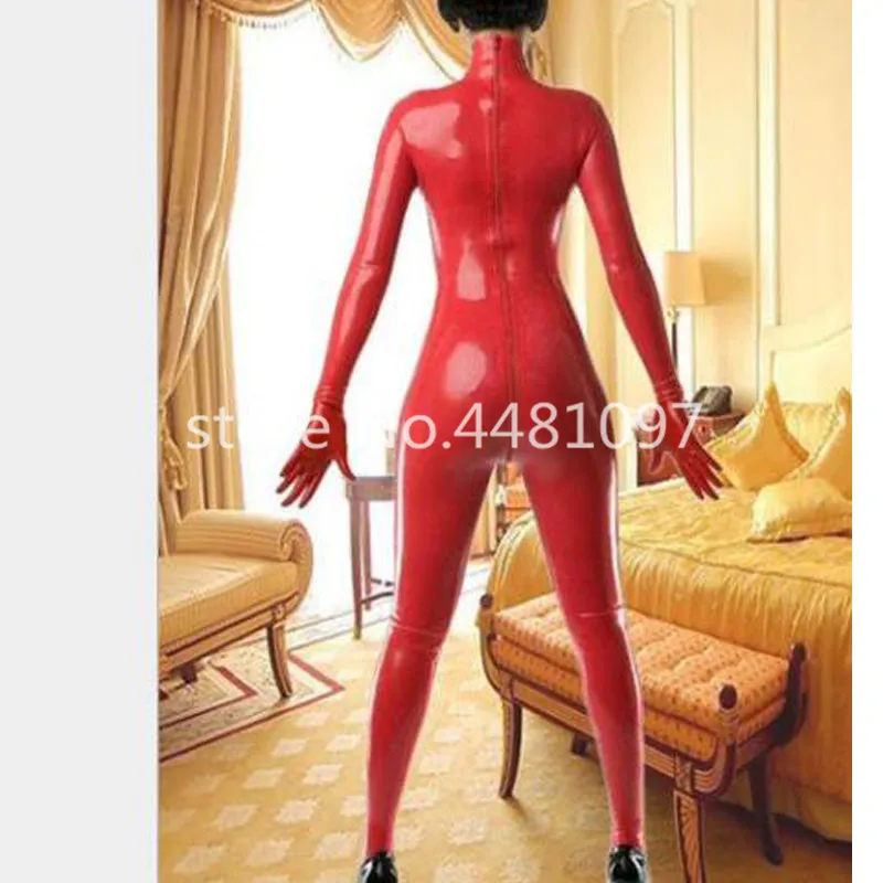 100% Hand Made Red Latex Rubber Catsuit with Gloves&Socks Bodysuit Overall Leotard Fetish Catsuit Suit Wear Plug Size XS-XXXL