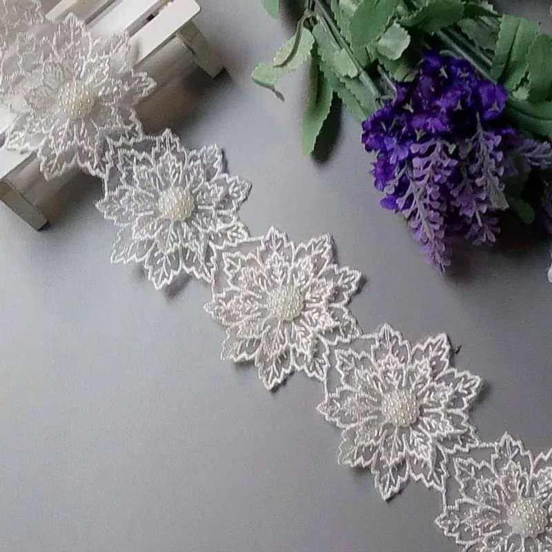 

2 yards White Pearl Flower Leaf Handmade Beaded Embroidered Lace Trim Ribbon Applique Wedding Dress Sewing Craft 6 X 6 cm