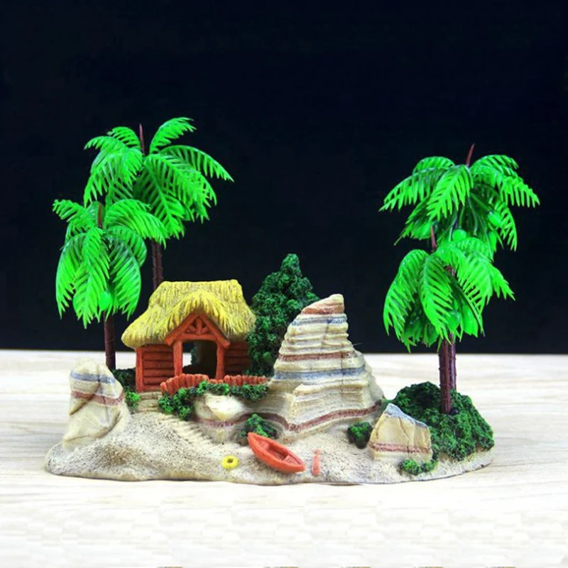 Fish Tank Aquarium Accessories Resin Coconut Tree House Boat Beach Aquarium Landscaping Fish Tank Decoration Crafts Pet Supplies