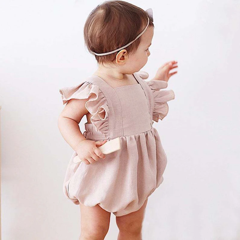 Vintage Linen Cotton Baby Girls Romper Summer Ruffles Lace Sleeveless Jumpsuit for Toddler Girls One-Piece Children Clothing