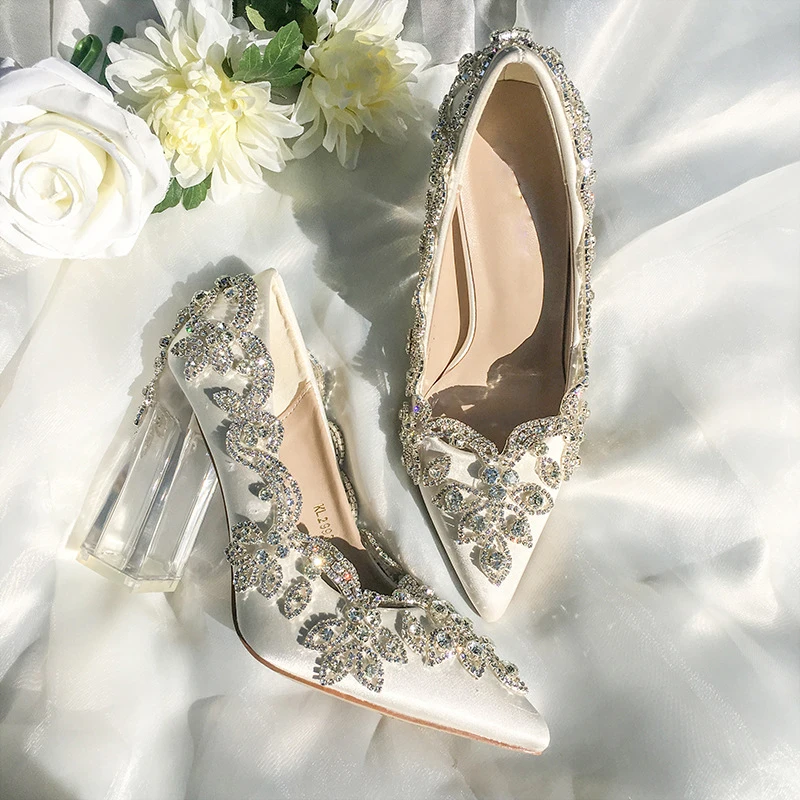 Romantic Rhinestone Flower Embellished Wedding Silk Pumps Clear Lucency Chunky Heels Mary Janes Crystal  Bridals Dress Shoes