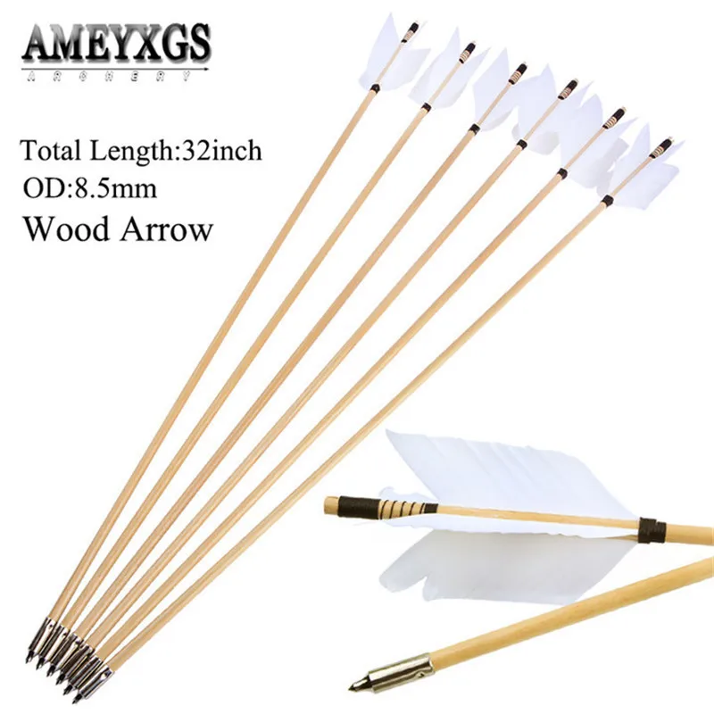 

10pcs 32" Archery 8.5mm Wooden Arrow Recurve Traditional Bow Shooting White Wood Arrows Turkey Feathers Bow Hunting Accessories