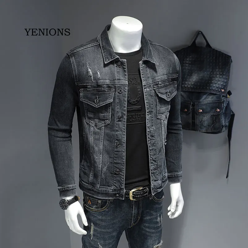 Spring Men Denim Jacket Blue Gray Cotton Turndown Collar Long Sleeve Slim Clothes Motorcycle Cowboy Jeans Coat Male Brand