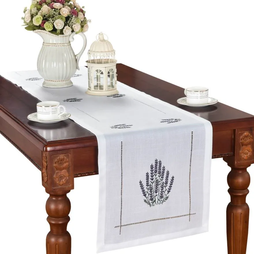 

[Camellia Casa 19N078] Hemstitch Poly Table Runner Provence, France,Lavender Natural Linen/White Color Banquet/Hotel/airbnb