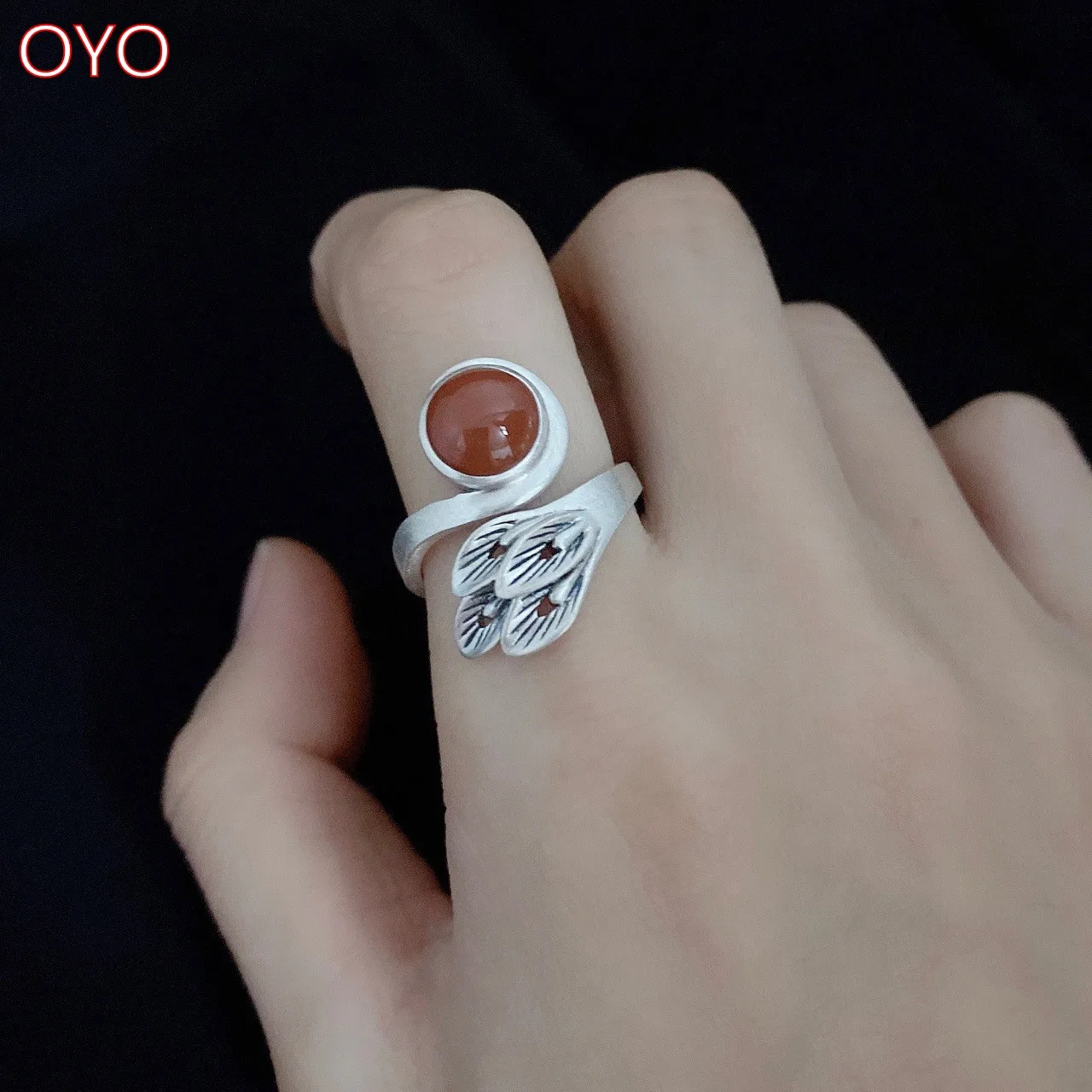 

Real s925 sterling silver southern red peacock ring trendy retro matte round index finger ring female live mouth adjustable