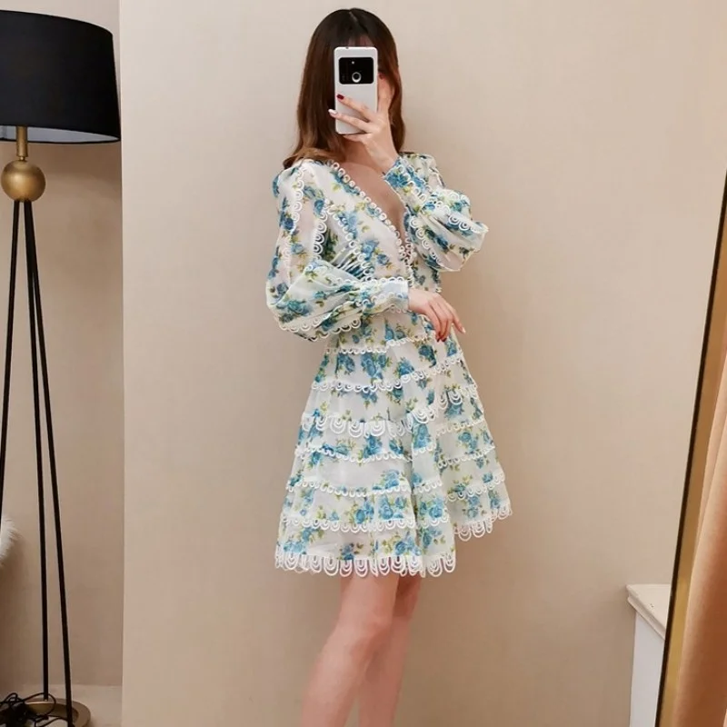 Women Summer Floral Lantern Sleeve Dress Elegant Sweet Slim Sexy V-Neck Ball Gown Dress Pullover High Waist Printing Dress