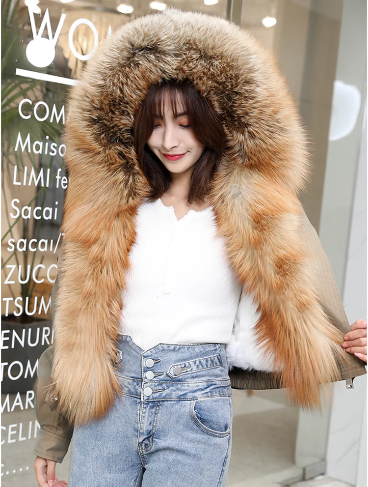 100% Silver Fox Big Fur Collar Jacket Winter Warm Rabbit Hair Liner Jacket Women's Natural Fur Parkas high-grade Short Top Coat