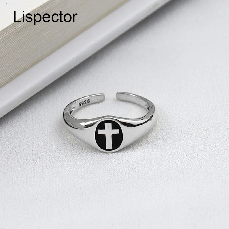 

Lispector 925 Sterling Silver Holy Cross Signet Ring for Women Christian Prayer Black Cross Cocktail Rings Unisex Jewelry Gifts