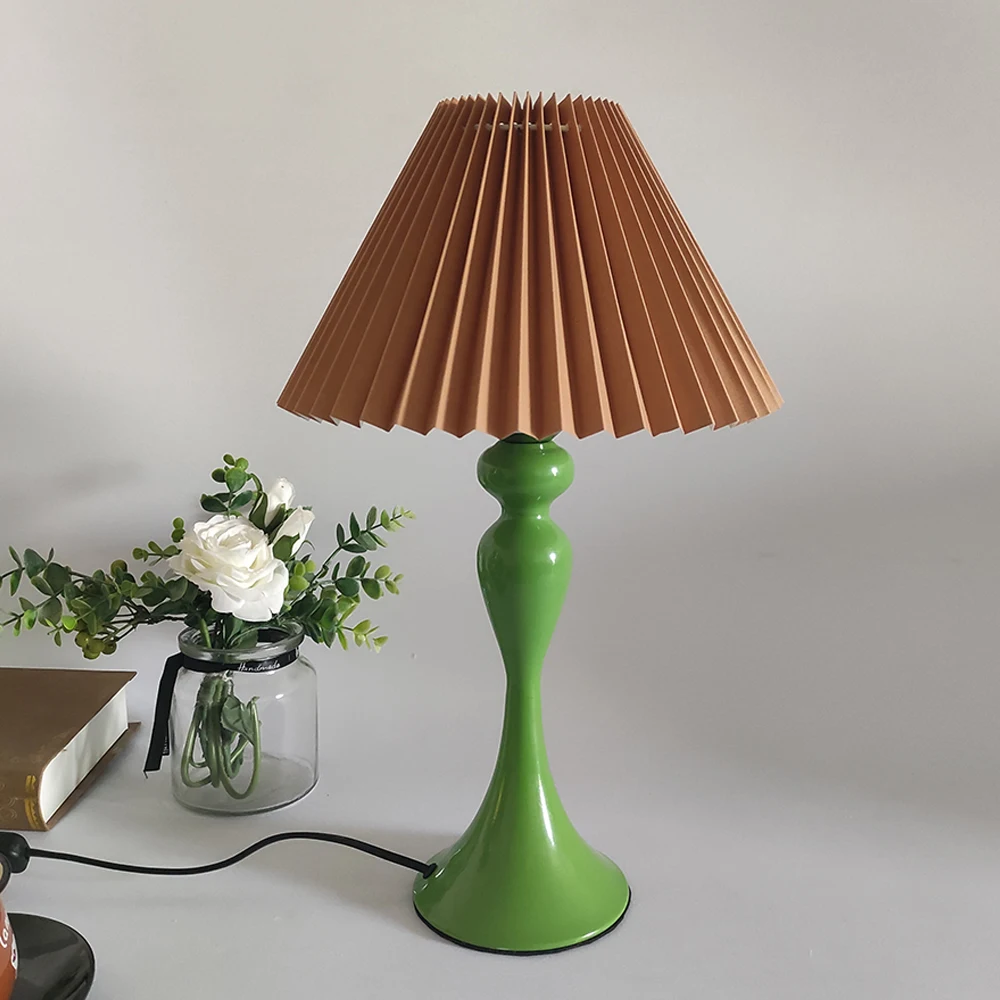 

Bedside Lamps Japan Style Green Table Lamps with White Brown Pleated Fabric Shade, Elegant Nightstand Lamps Decoration for Women