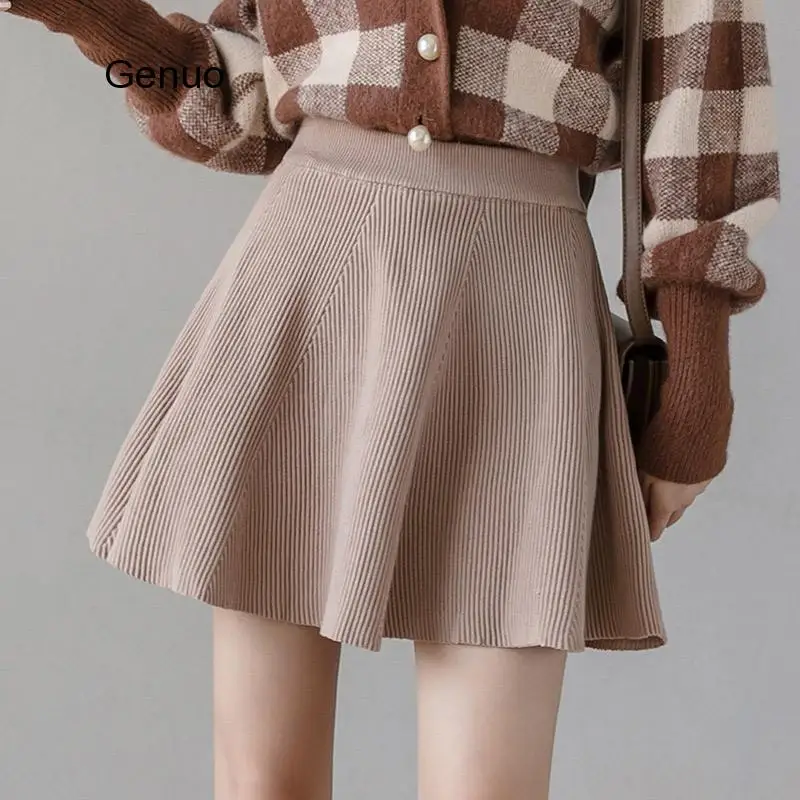 Women Knitted High Waist Slim Mini Skirt Lady A Line Sweet Ruffle Solid Patchwork Short Skirts 2020 Female Fashion Bottoms