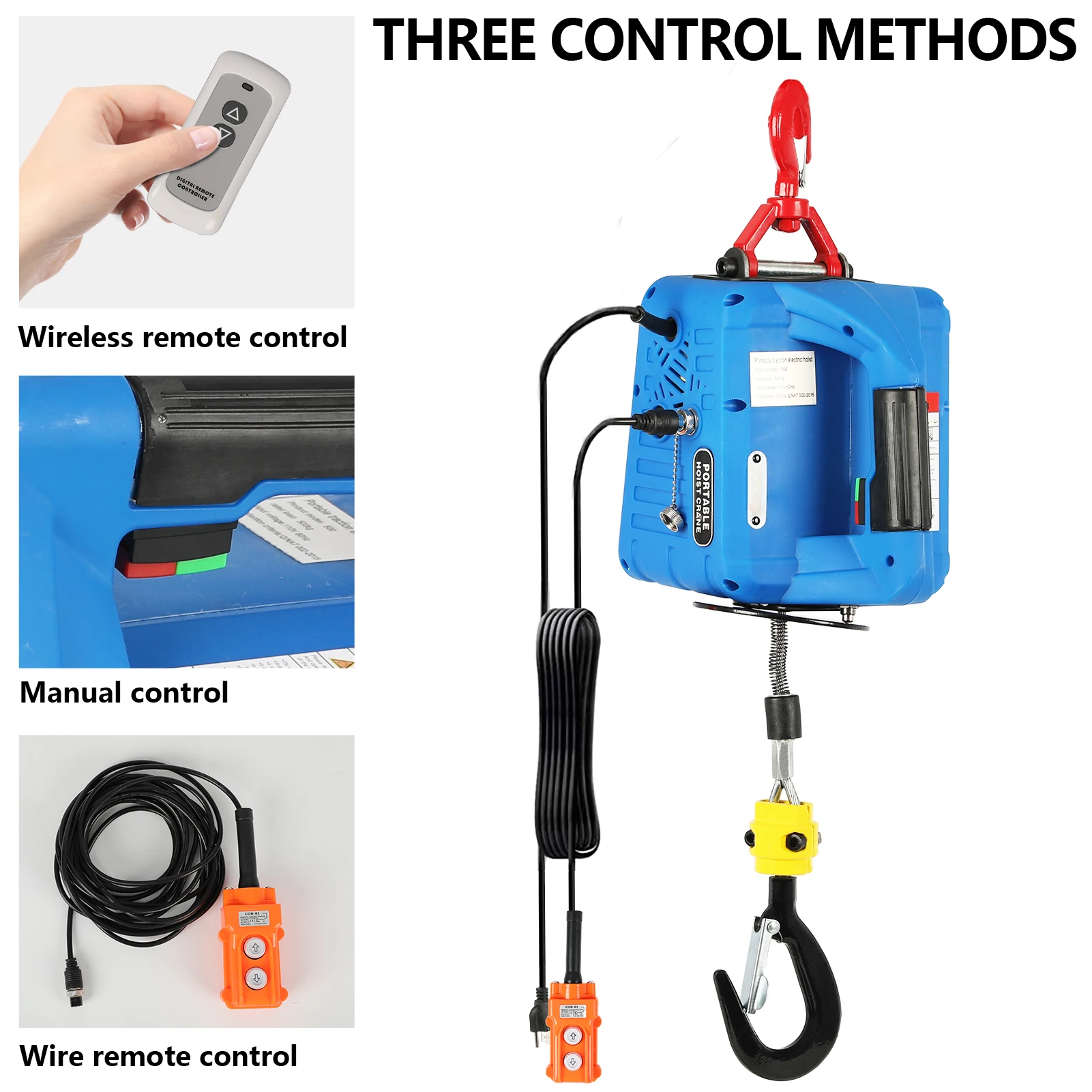 Cabrestante eléctrico 3 en 1 para el hogar, cuerda de alambre de acero de elevación, cuerda de remolque con Control remoto, 500KG x 7,6 M