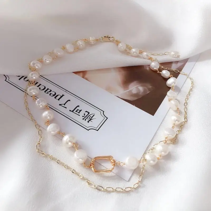 

Korean Natural Freshwater Pearl Necklace for Women Elegant Double-Layer Long Chain Choker Original 14K Gold Collar Jewelry Gifts