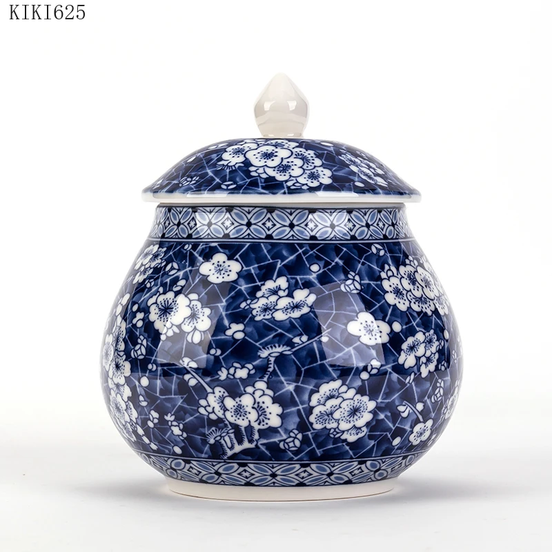 Classical Blue Flower Ceramic Tea Caddy with Lid Desktop Decor Candy Small Object Sealed Storage Jar Kitchen Utensils Porcelain